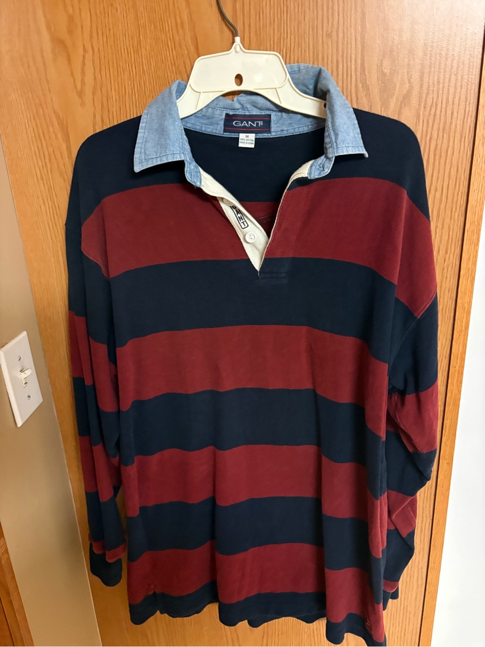 Gant Mens Navy and Burgundy Striped Rugby Polo with Chambray Collar